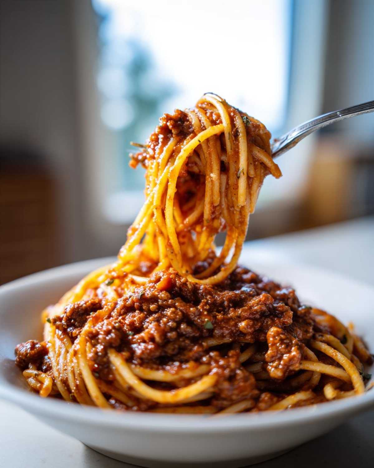 A fork lifts spaghetti heavily coated in rich bolognese sauce from a white bowl.