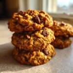 A stack of three golden brown, oatmeal chocolate chip breakfast cookie treats sitting on a countertop.