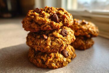 A stack of three golden brown, oatmeal chocolate chip breakfast cookie treats sitting on a countertop.