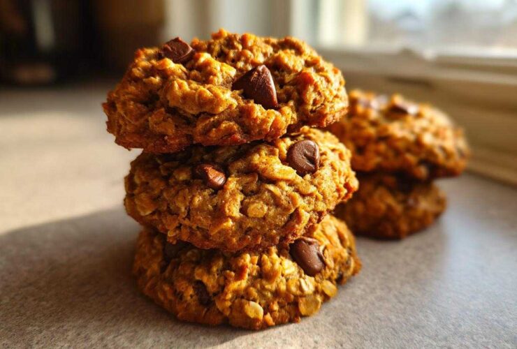 A stack of three golden brown, oatmeal chocolate chip breakfast cookie treats sitting on a countertop.