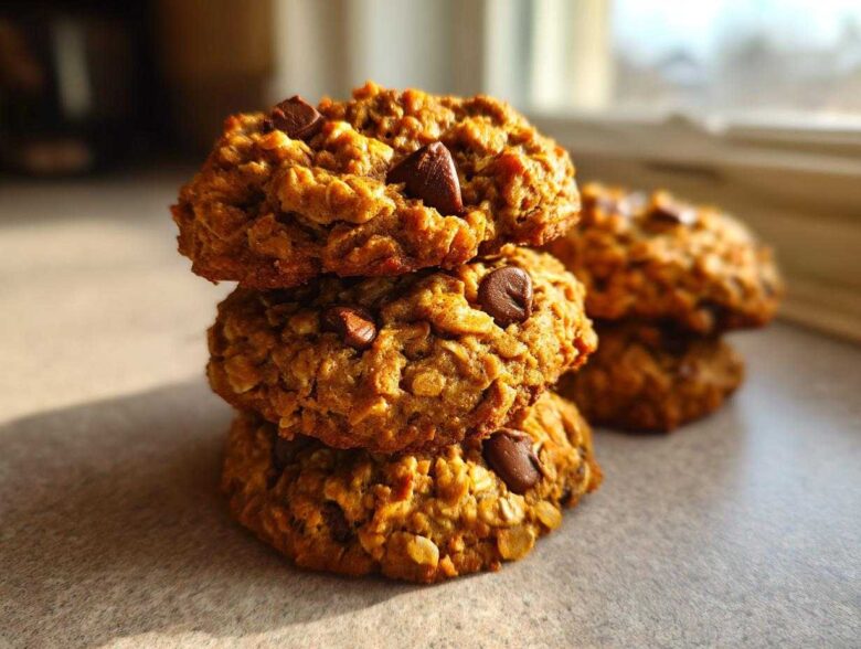 A stack of three golden brown, oatmeal chocolate chip breakfast cookie treats sitting on a countertop.