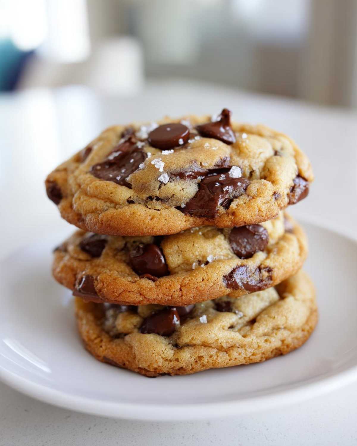 A stack of three perfectly baked chocolate chip cookies sprinkled with flaky sea salt.
