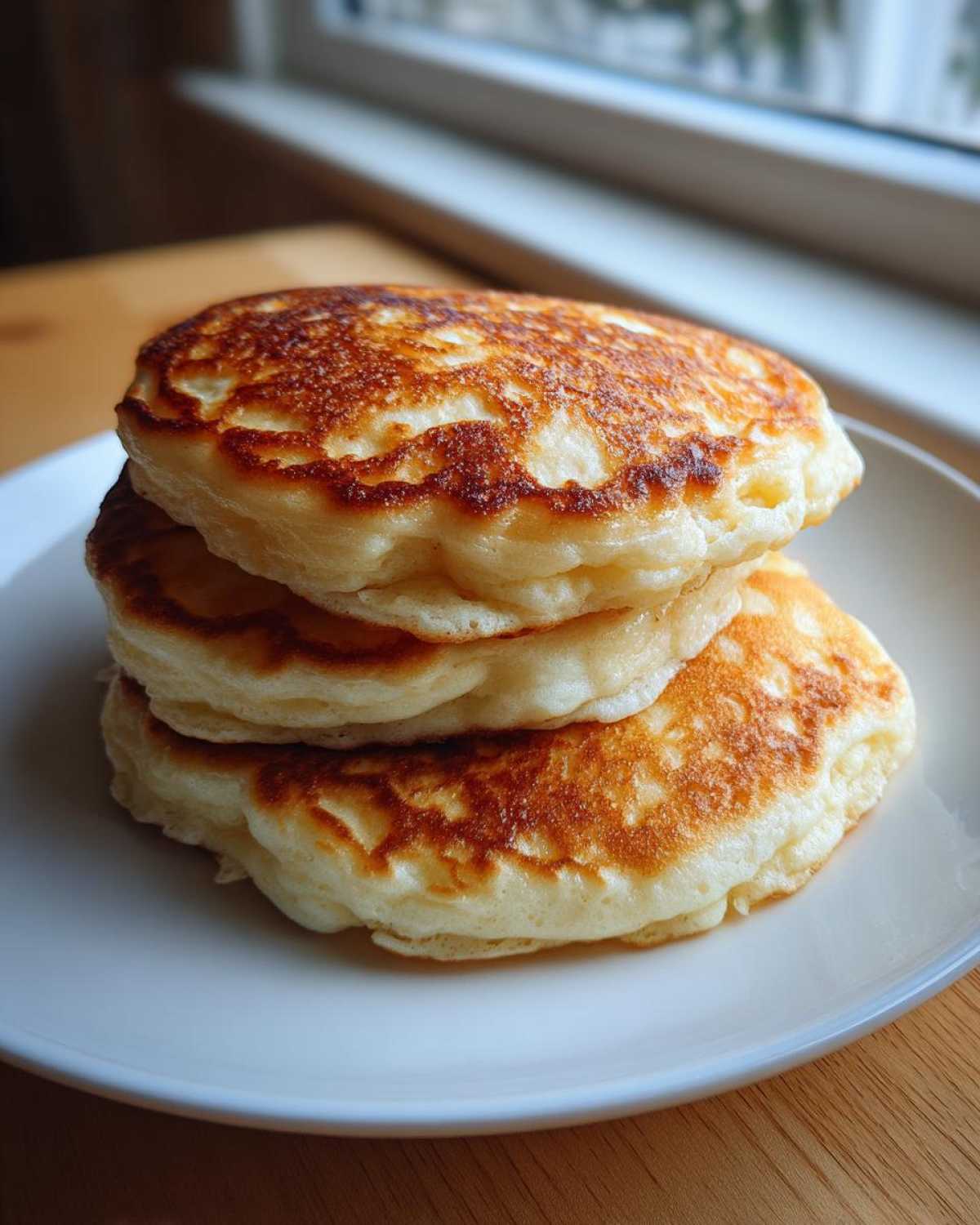 A stack of three thick, golden-brown fluffy pancakes served on a white plate near a window.