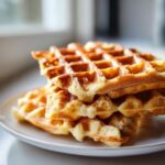 A stack of three golden brown, fluffy high protein waffles served on a white plate.