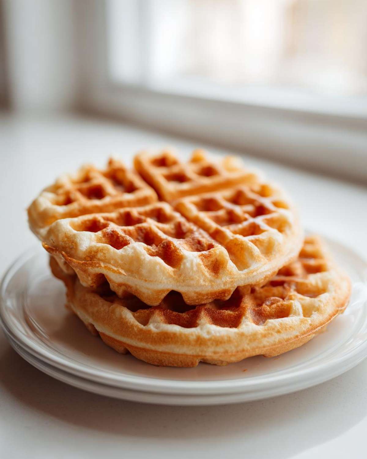 Close-up of a stack of three golden, fluffy high protein waffles resting on white plates near a bright window.