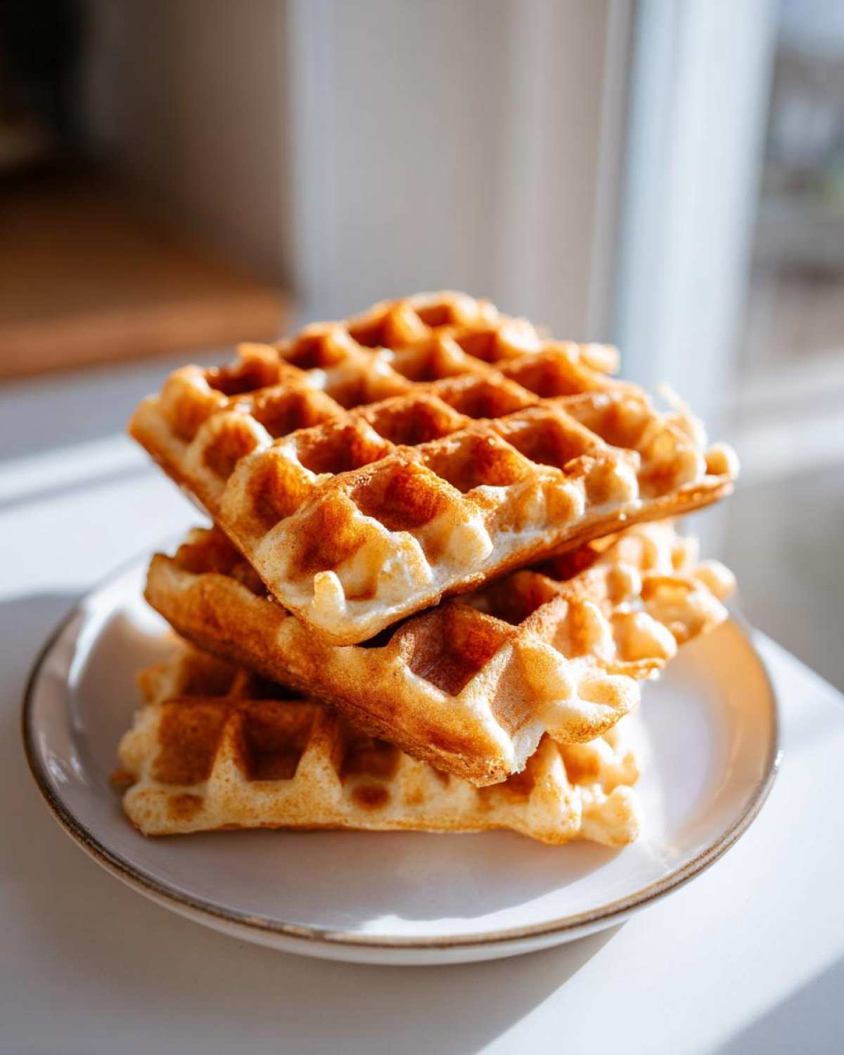 A stack of three golden brown, freshly made high protein waffles resting on a small white plate.
