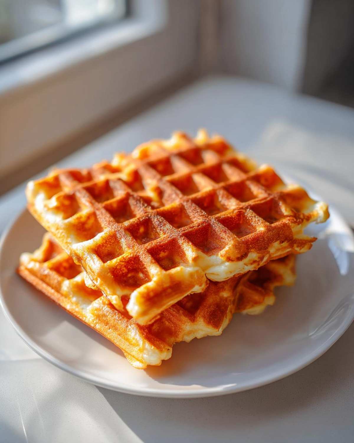 A stack of golden brown, freshly made high protein waffles resting on a white plate near a window.