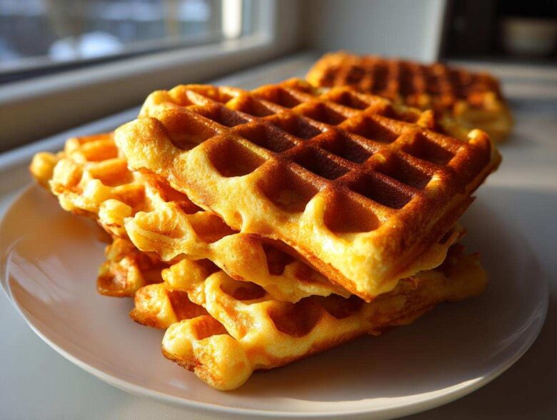 A stack of golden brown, freshly made high protein waffles sitting on a white plate near a sunny window.