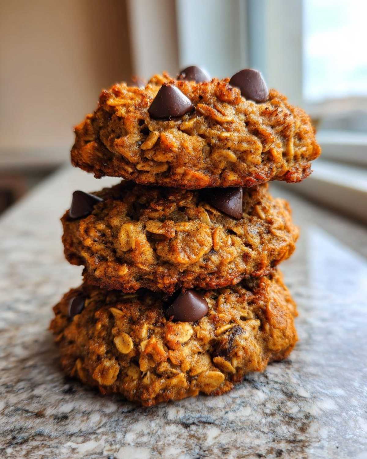 A vertical stack of three golden-brown, oatmeal-based breakfast cookie treats topped with chocolate chips.