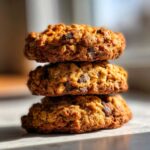 Close-up of three stacked, golden-brown oatmeal chocolate chip breakfast cookie with visible oats and chunks.