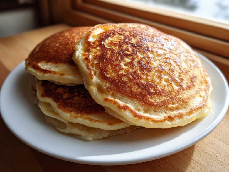 A close-up of a stack of three golden brown, fluffy pancakes served on a white plate near a window.