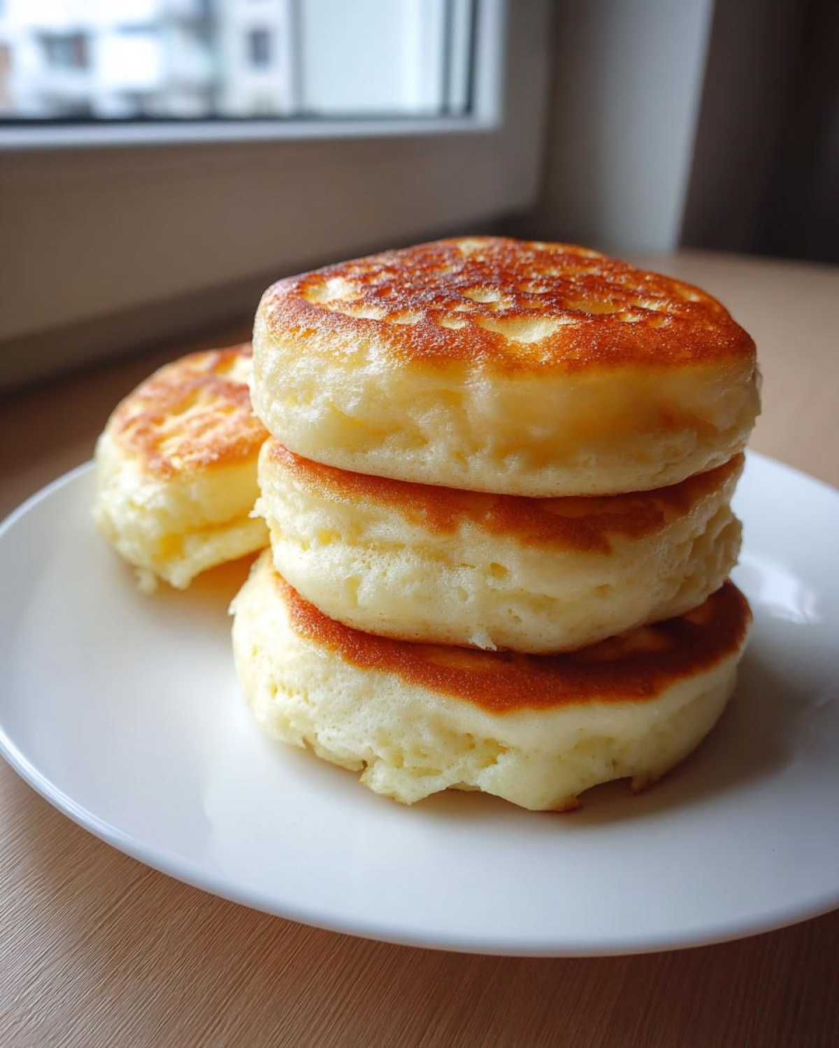A stack of three thick, golden-brown fluffy pancakes served on a white plate.