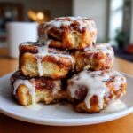 A tempting stack of five freshly baked cinnamon rolls generously covered in white icing on a white plate.