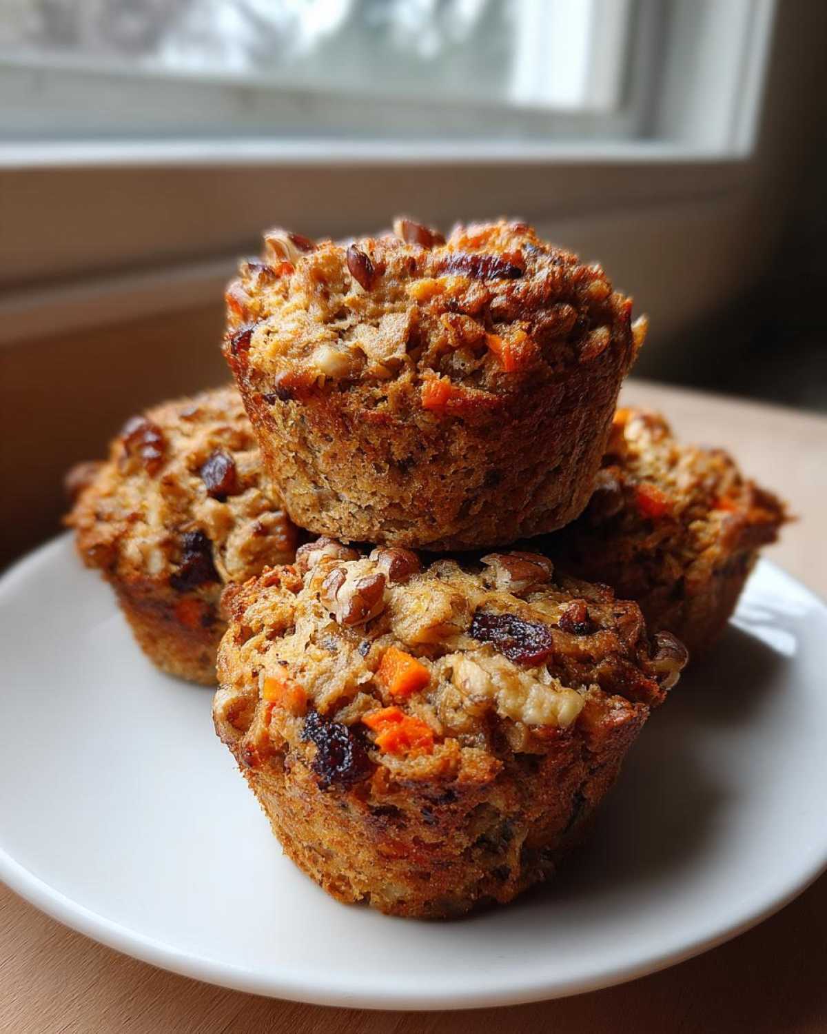 A stack of four freshly baked morning glory muffins loaded with carrots, nuts, and raisins on a white plate.