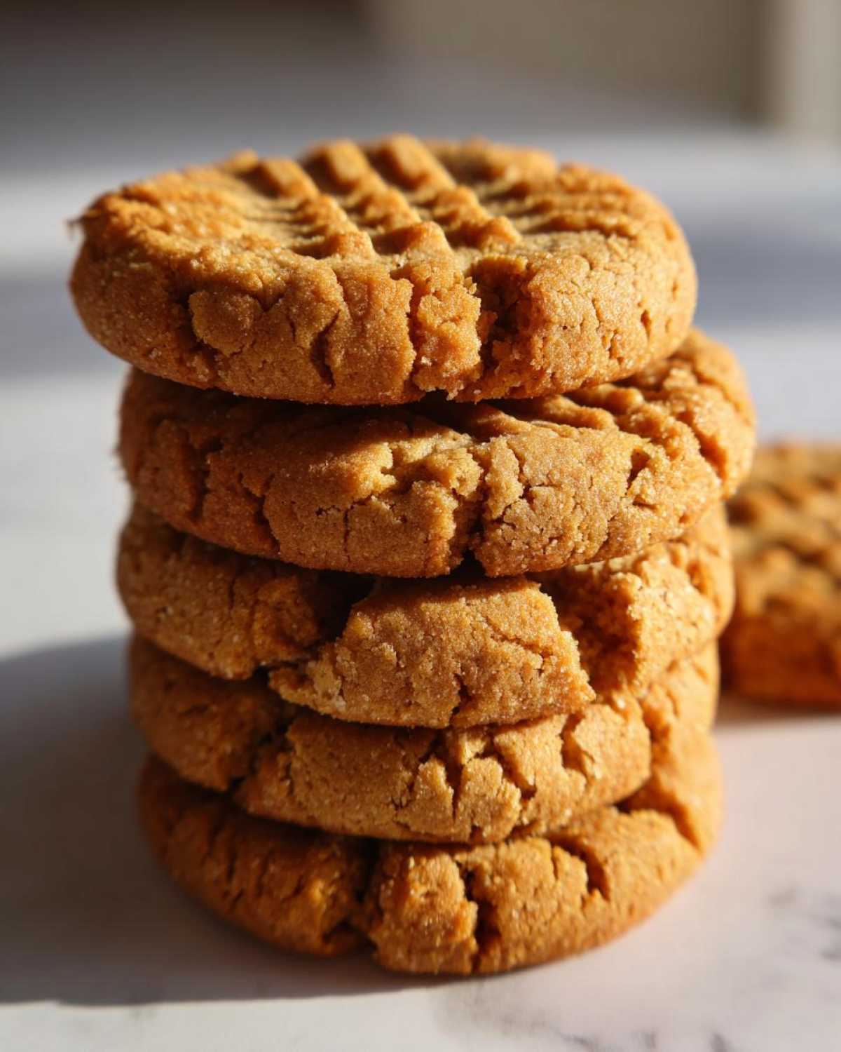 A close-up stack of four golden brown peanut butter cookies showing classic crisscross fork marks on top.