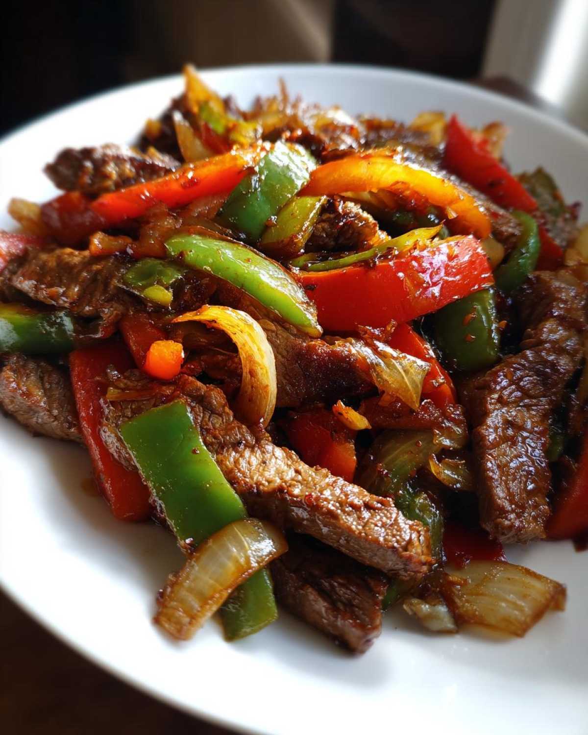 Close-up of perfectly cooked steak fajitas featuring strips of seasoned beef mixed with vibrant red and green bell peppers and onions.