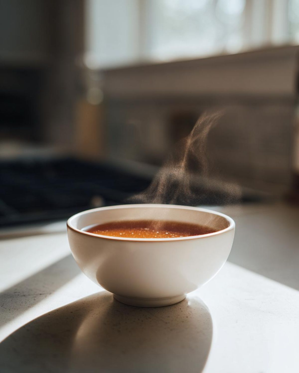 A white bowl filled with steaming, warm applesauce sits on a sunlit counter.