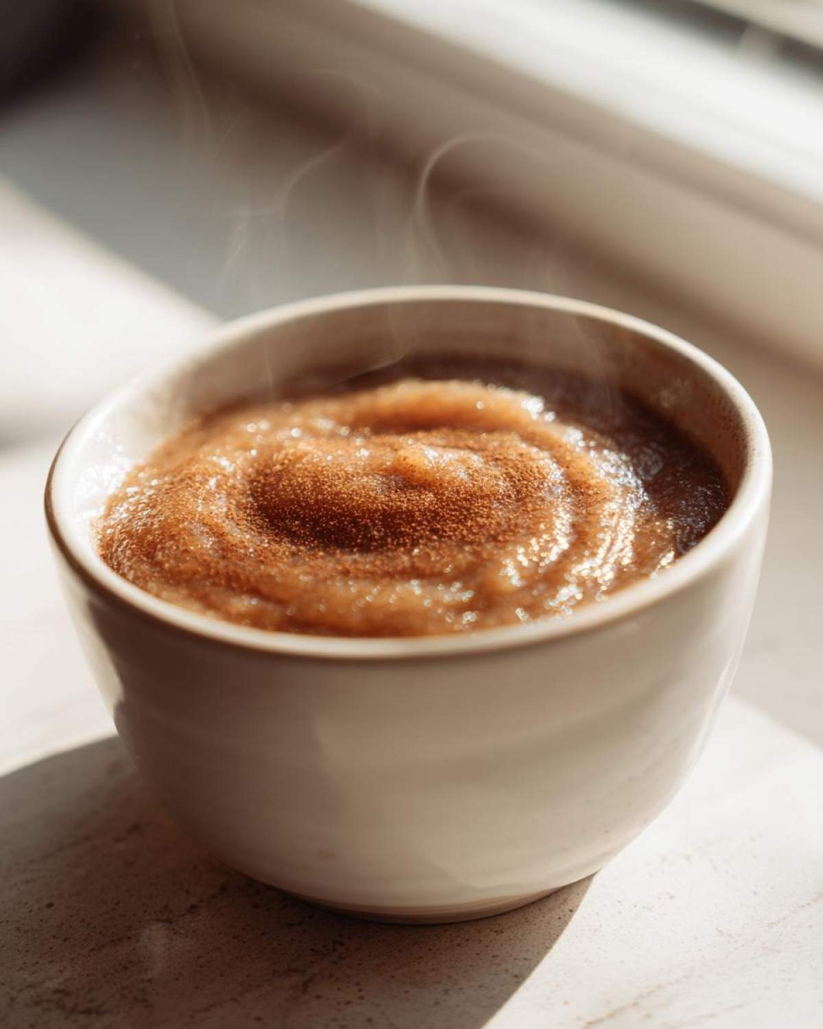 Close-up of warm, homemade applesauce topped with cinnamon in a light ceramic bowl.