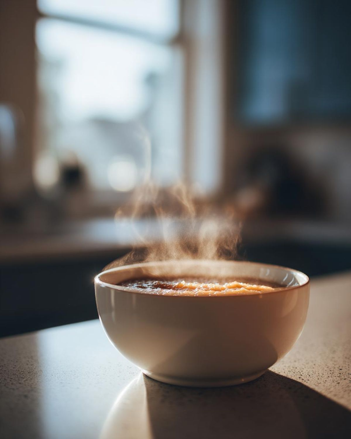 A close-up of a white bowl filled with hot, steaming homemade applesauce sitting on a kitchen counter.