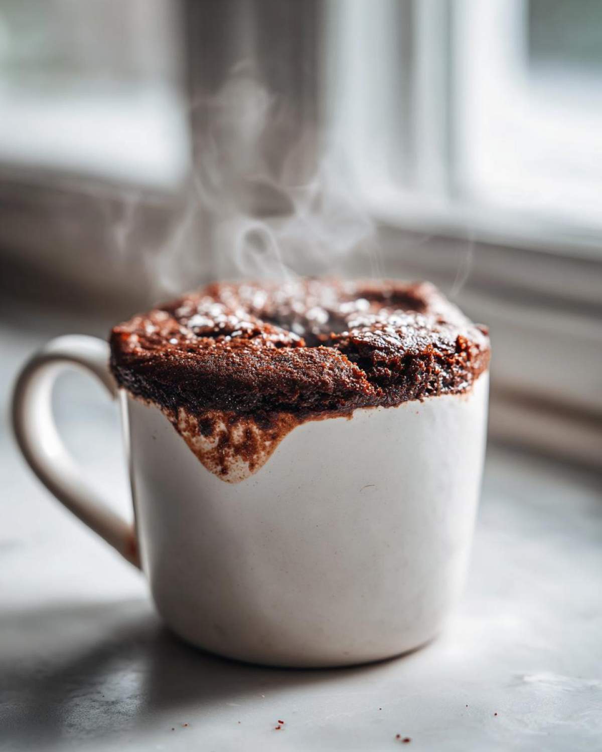 Close-up of a steaming, rich chocolate mug cake overflowing slightly from a white ceramic mug.