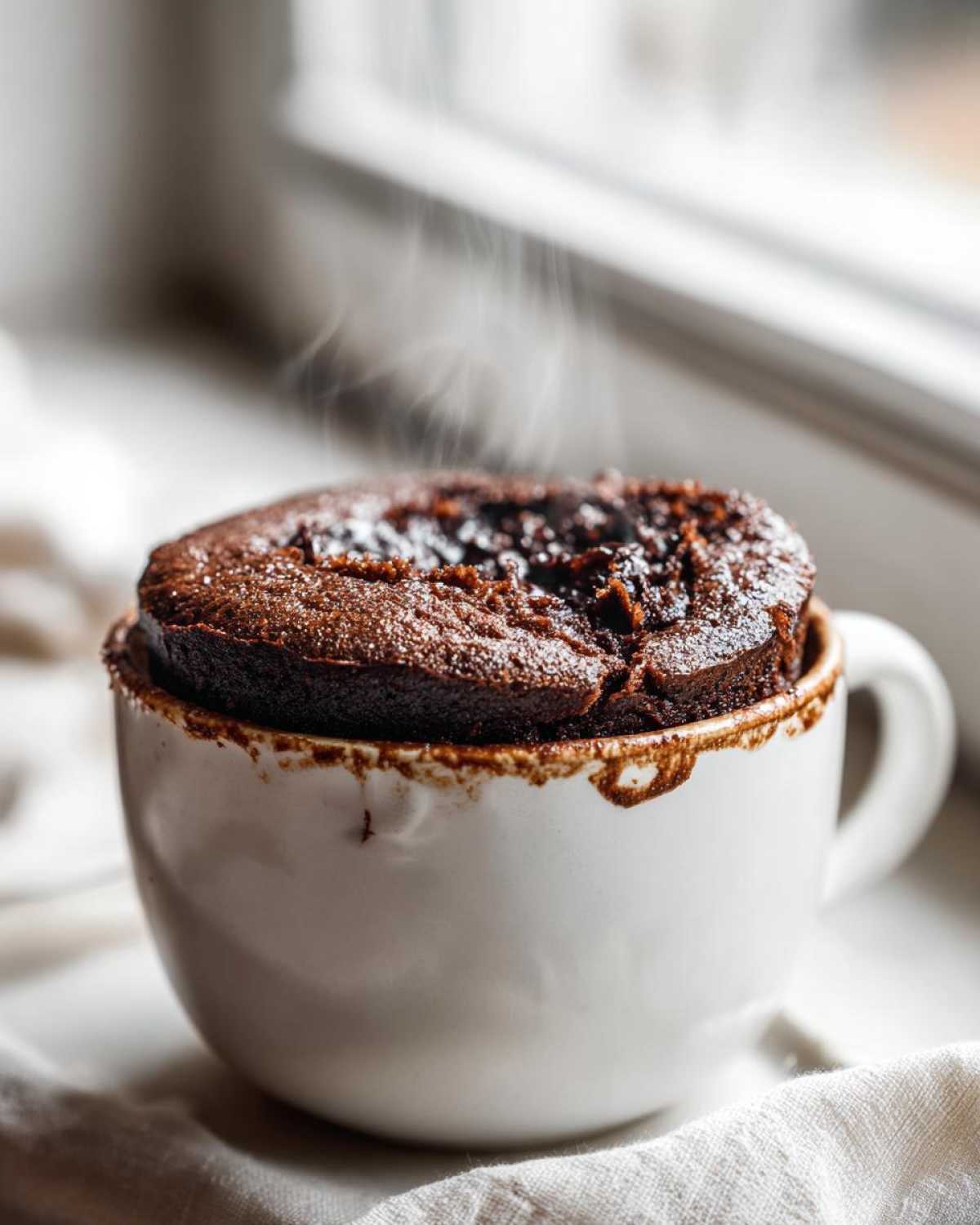 A freshly baked, steaming chocolate mug cake overflowing slightly from a white ceramic mug.