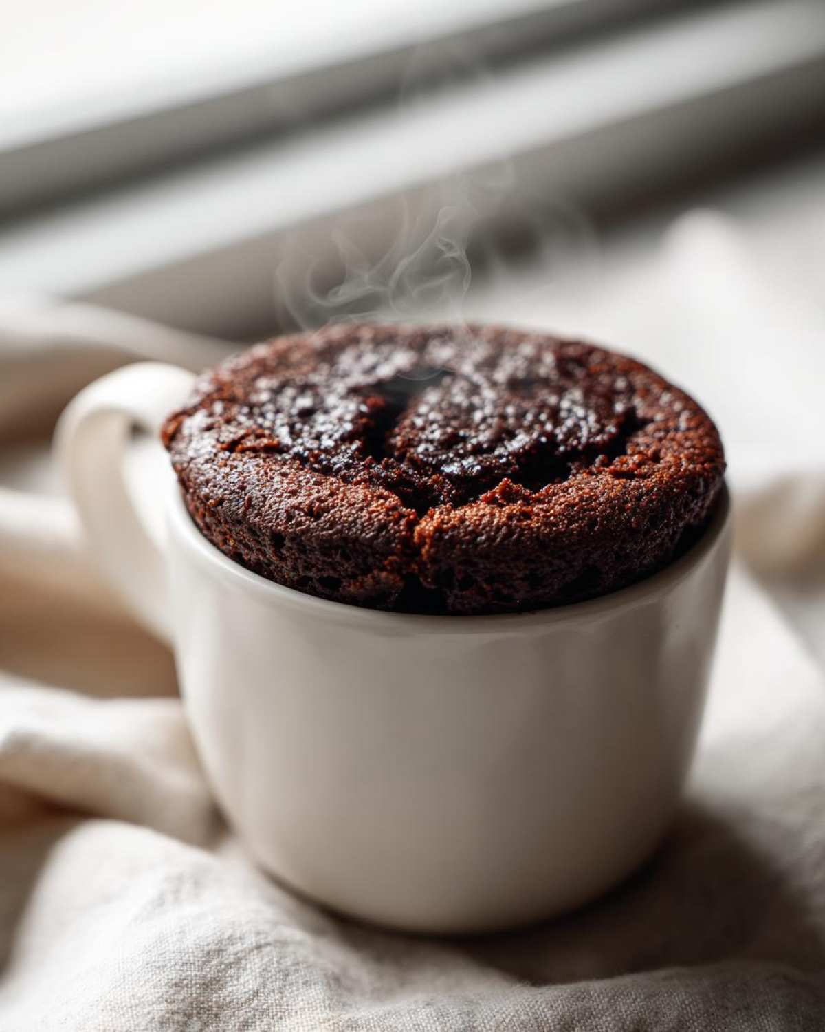 A freshly baked, steaming chocolate mug cake rising over the rim of a white ceramic mug.