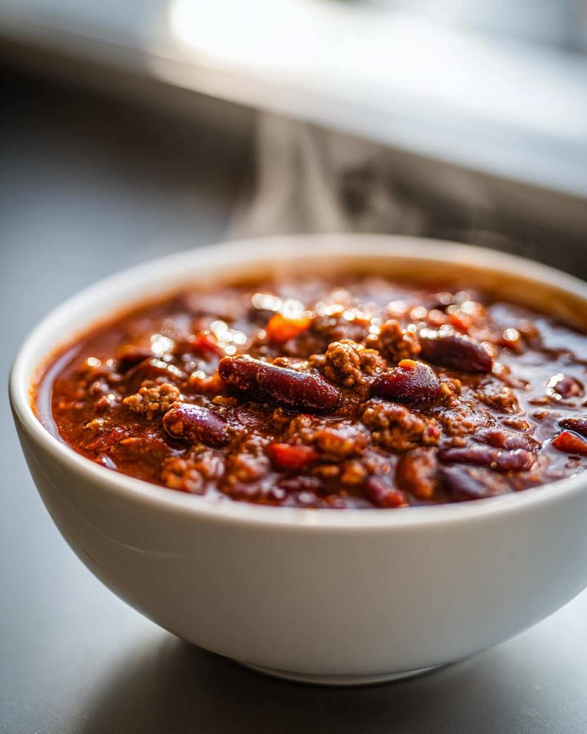 Close-up of a steaming white bowl filled with rich, hearty crockpot chili featuring ground meat and dark red kidney beans.
