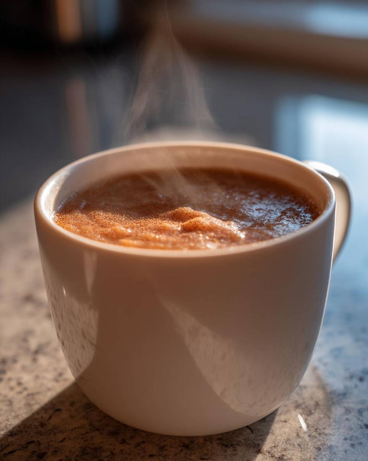 Close-up of steaming hot applesauce served in a white mug, highlighting the texture and warmth.