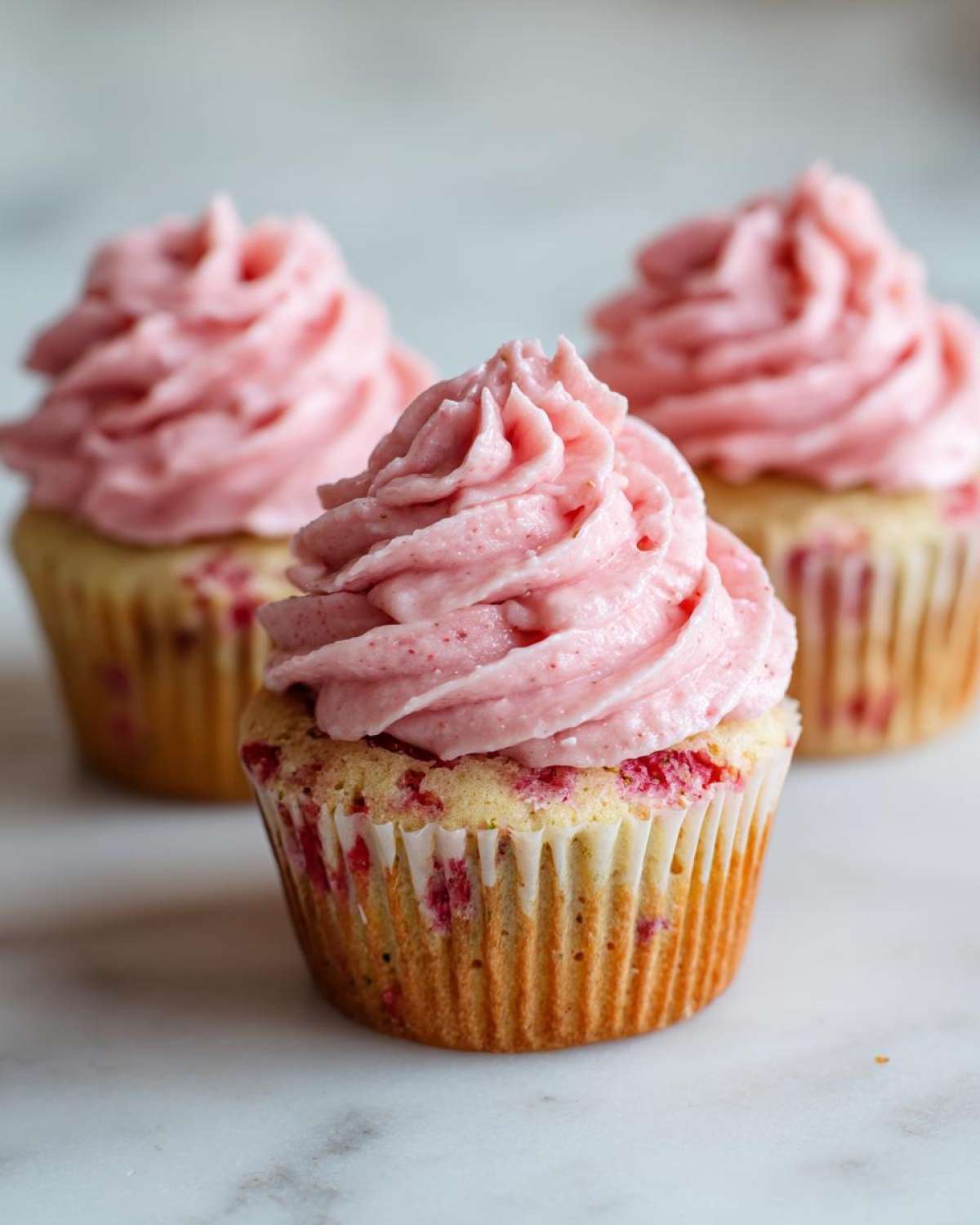 Three strawberry cupcakes with vibrant pink frosting piped high, sitting on a white marble surface.