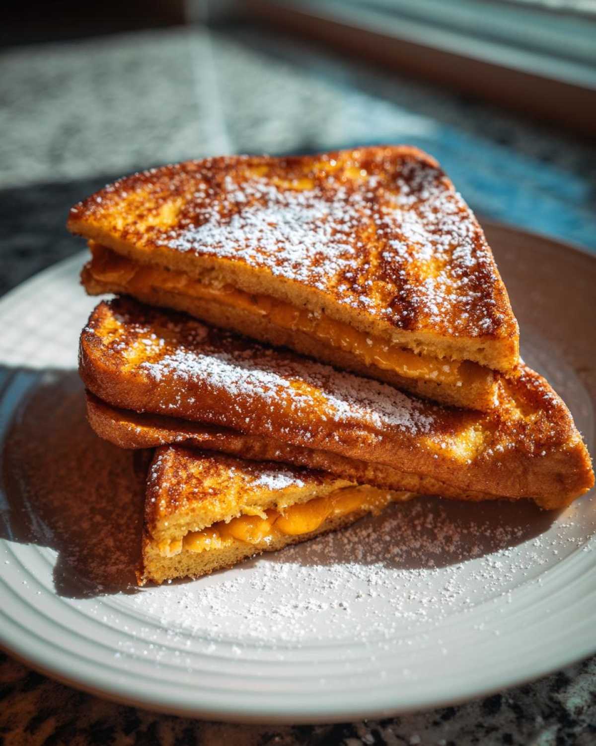 A stack of three halves of stuffed easy french toast, dusted heavily with powdered sugar, sitting on a light gray plate.