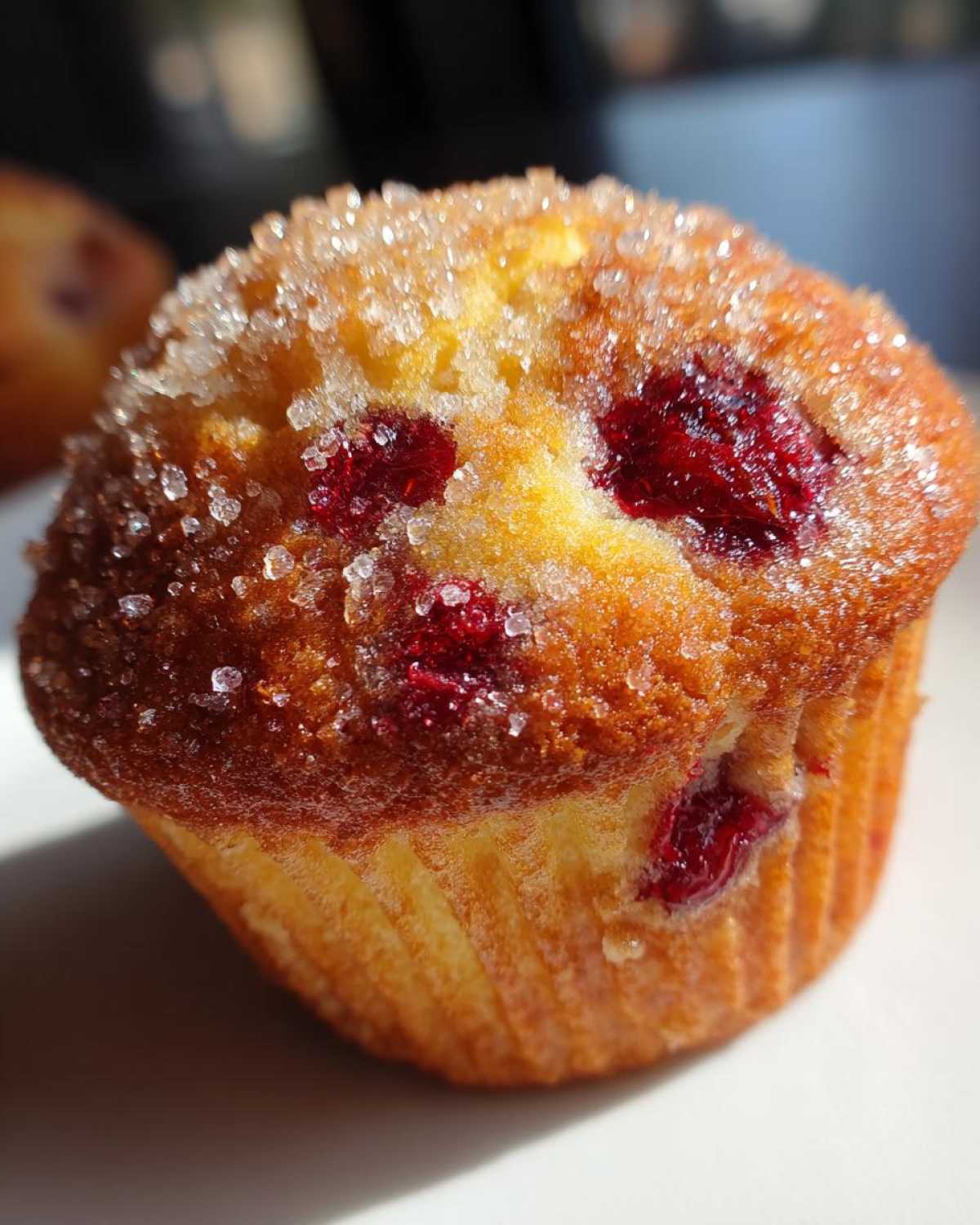 A close-up, sunlit view of a freshly baked strawberry muffin topped with coarse sugar crystals.