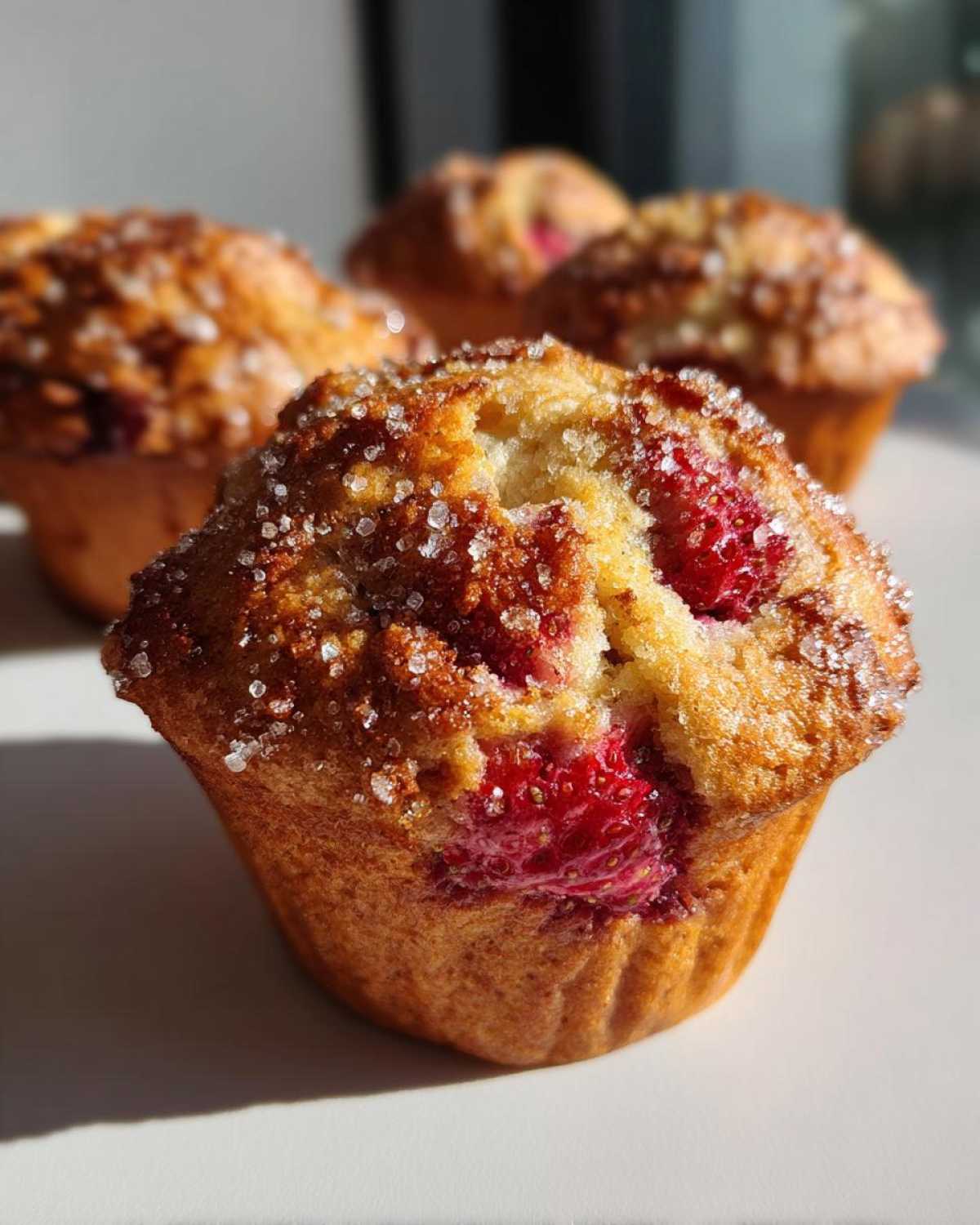 A close-up of a golden brown strawberry muffin topped with coarse sugar crystals, with more strawberry muffins blurred in the background.