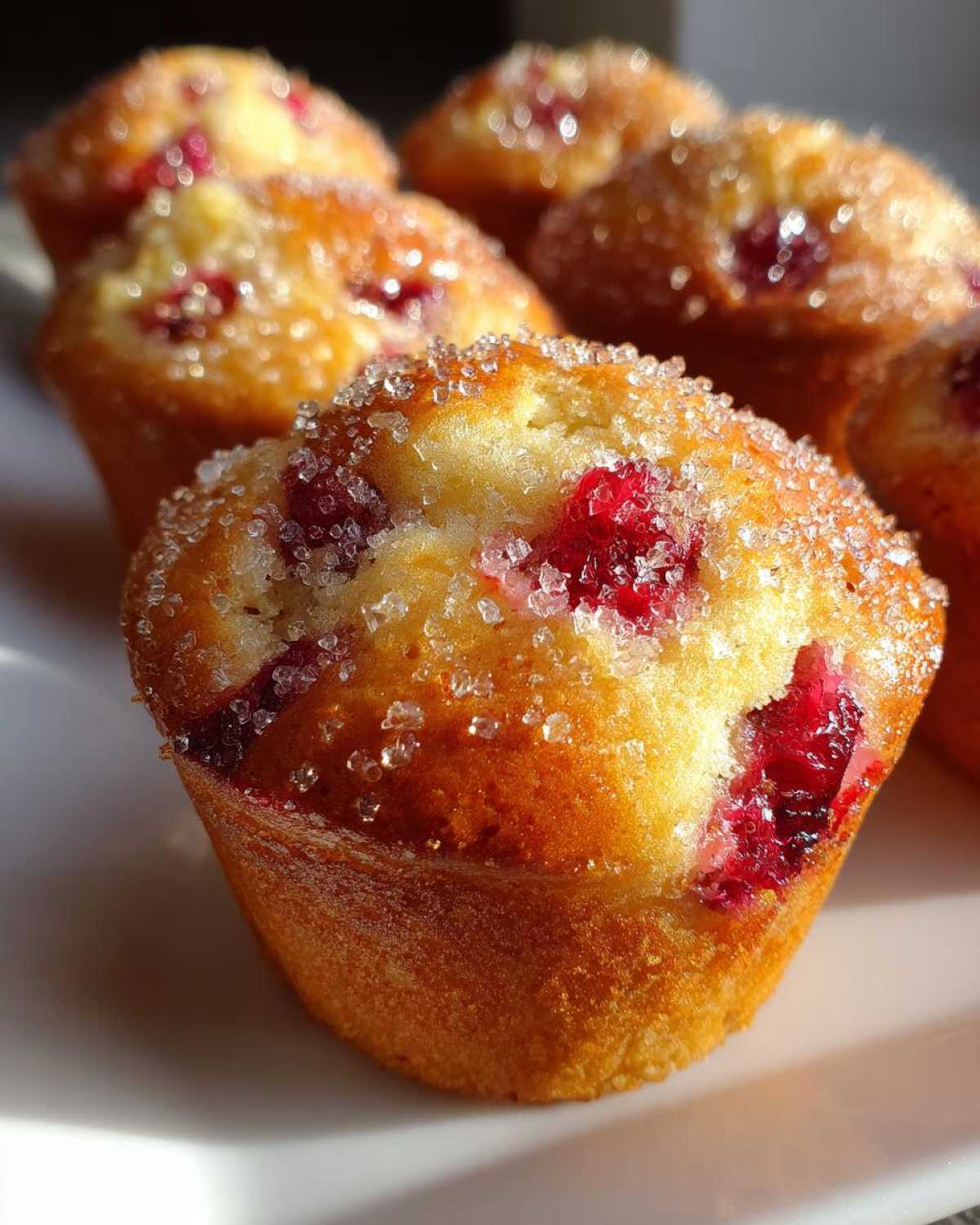 Close-up of golden brown strawberry muffins topped with coarse sugar crystals.