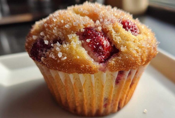Close-up of a freshly baked strawberry muffin topped with coarse sugar crystals.