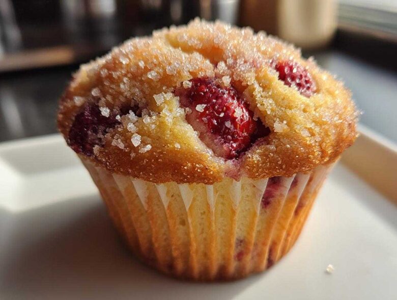 Close-up of a freshly baked strawberry muffin topped with coarse sugar crystals.