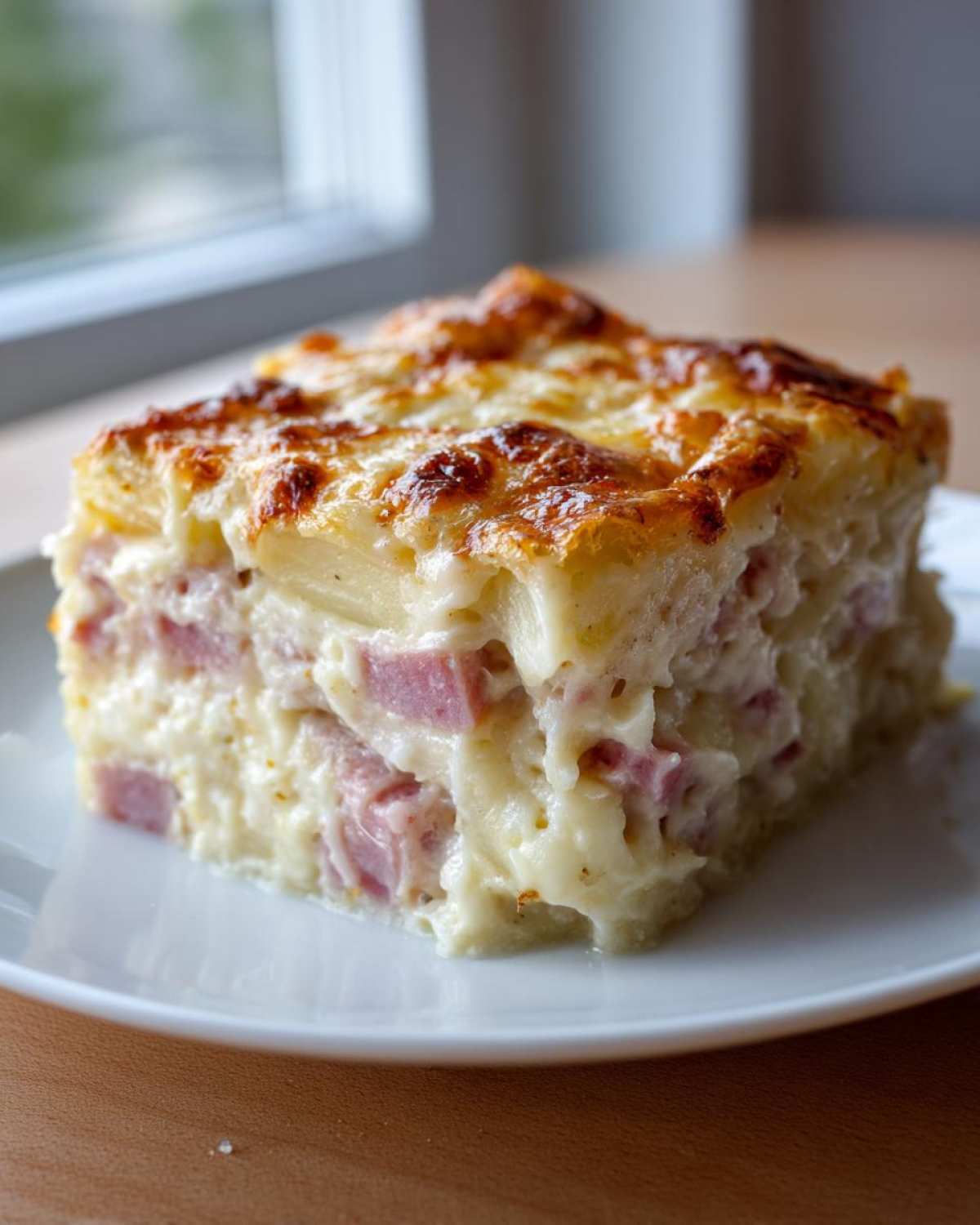 A thick, square slice of rich scalloped potatoes and ham baked in a creamy sauce with a golden, cheesy top.