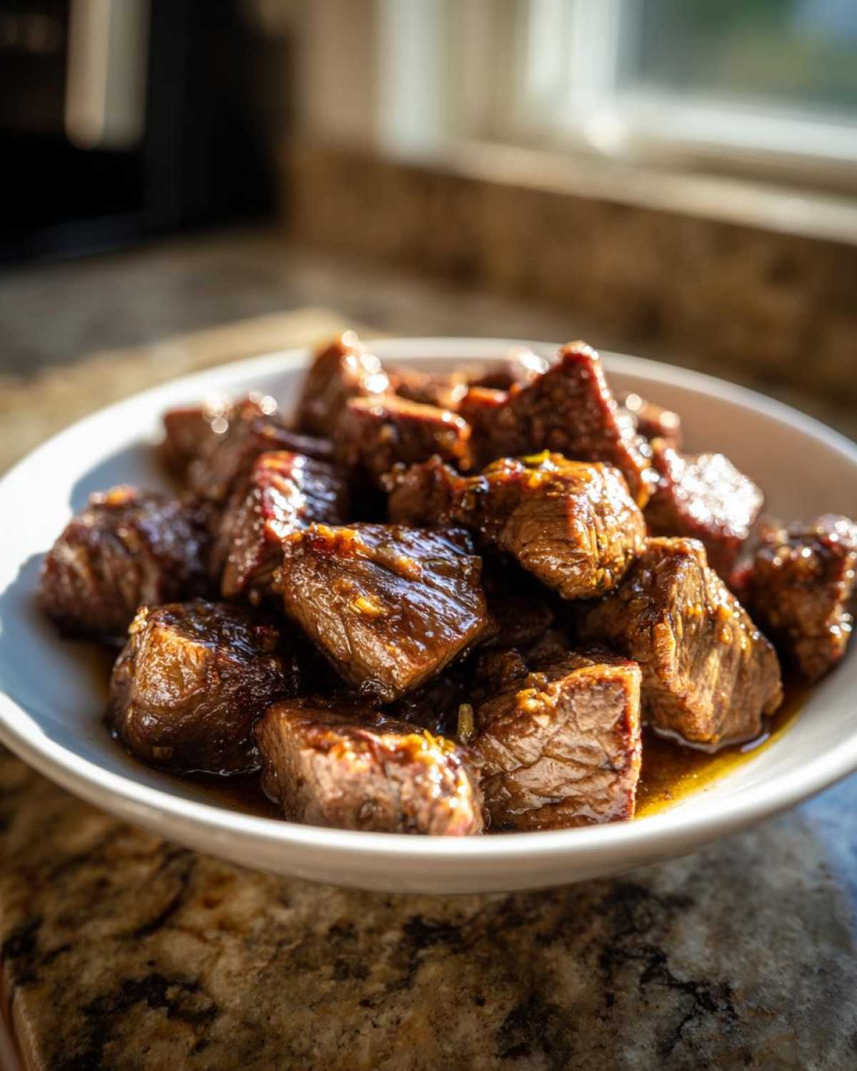 Close-up of tender, glazed bites of crockpot steak served in a white bowl.