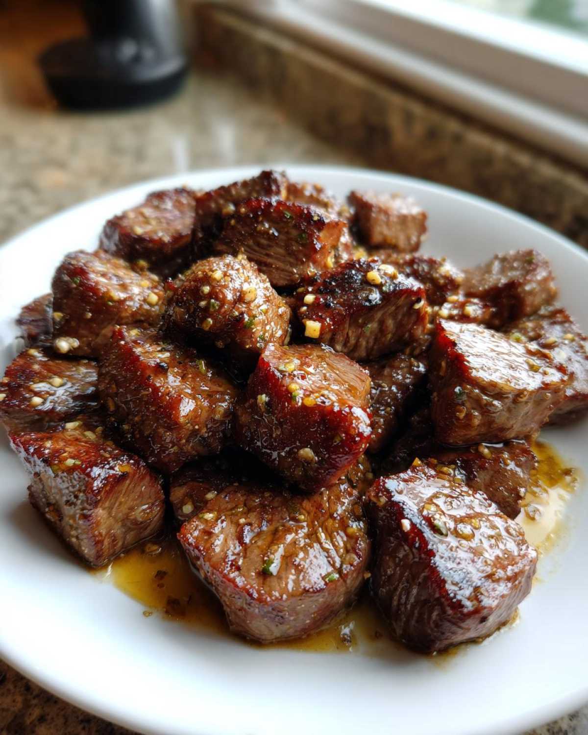 Close-up of tender, bite-sized pieces of crockpot steak glazed in a savory sauce with visible garlic.
