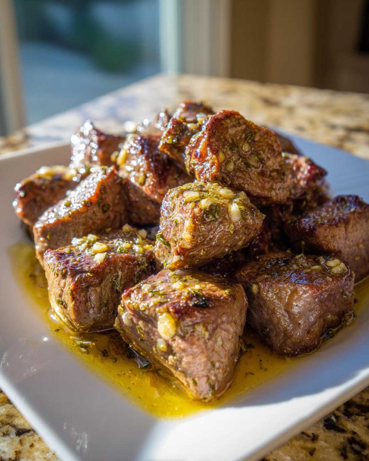 Close-up of tender, bite-sized pieces of crockpot steak glistening with garlic butter sauce on a white plate.