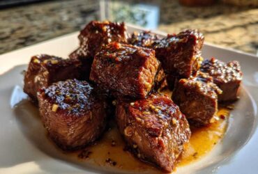 Close-up of tender, glazed crockpot steak bites seasoned with garlic and chili flakes on a white plate.