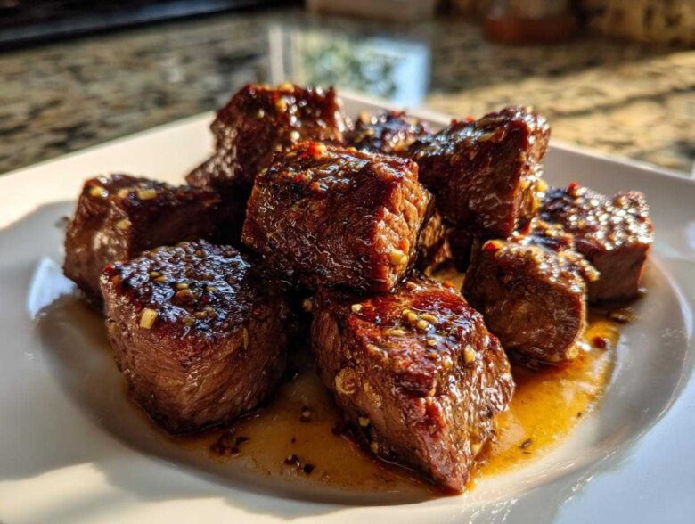 Close-up of tender, glazed crockpot steak bites seasoned with garlic and chili flakes on a white plate.