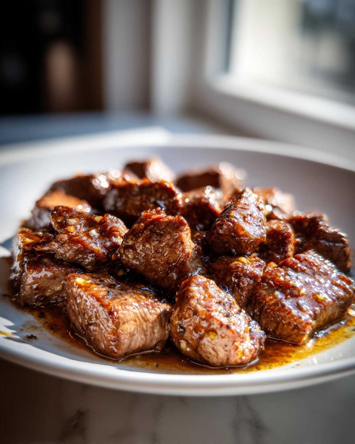 Close-up of tender, cubed crockpot steak pieces coated in a rich, savory glaze on a white plate.