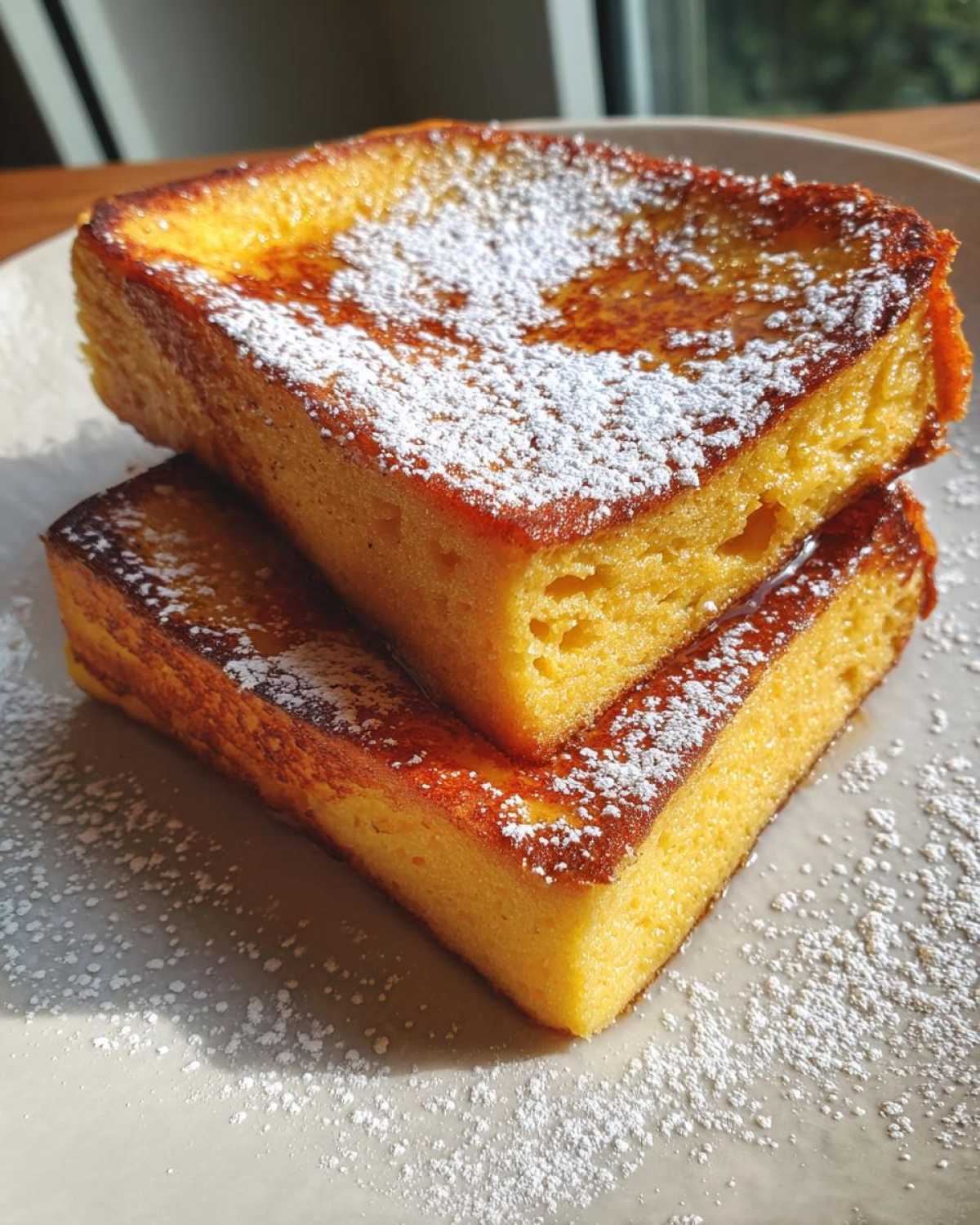 Two thick slices of golden brown easy french toast stacked and topped with maple syrup and powdered sugar.