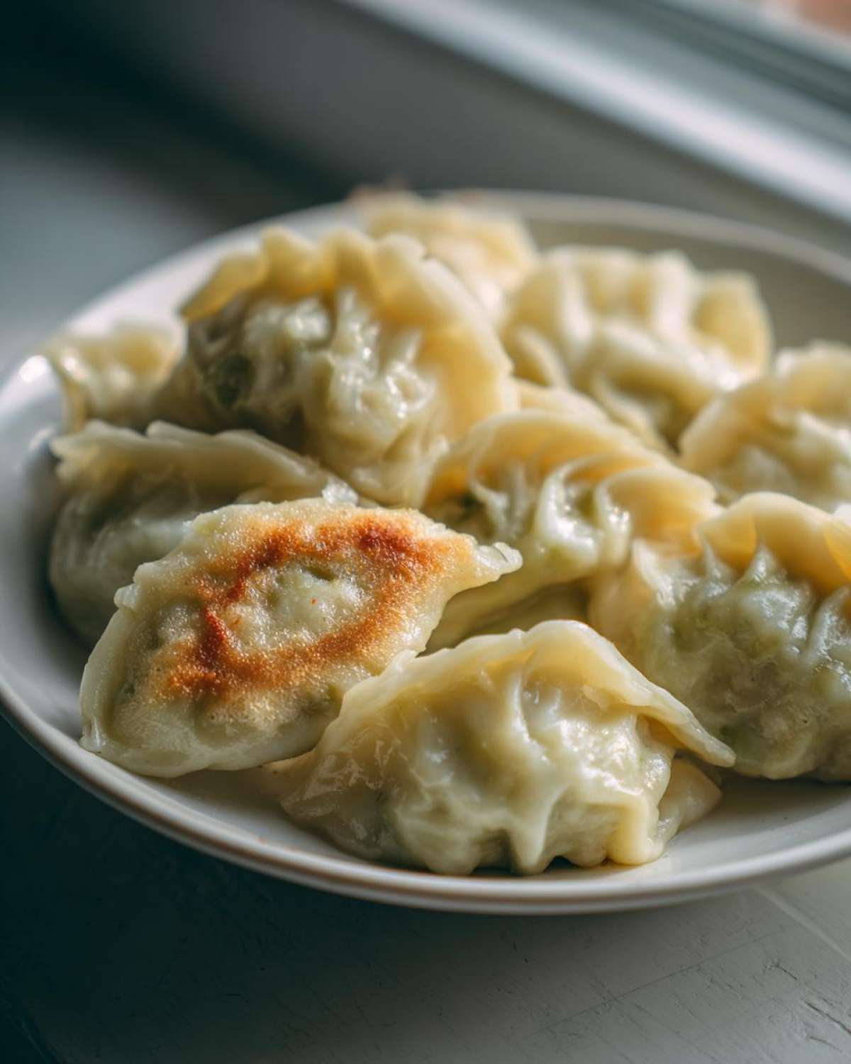 A plate filled with freshly steamed and pan-seared Traditional Chinese Dumplings, showing tender wrappers and a crispy bottom.