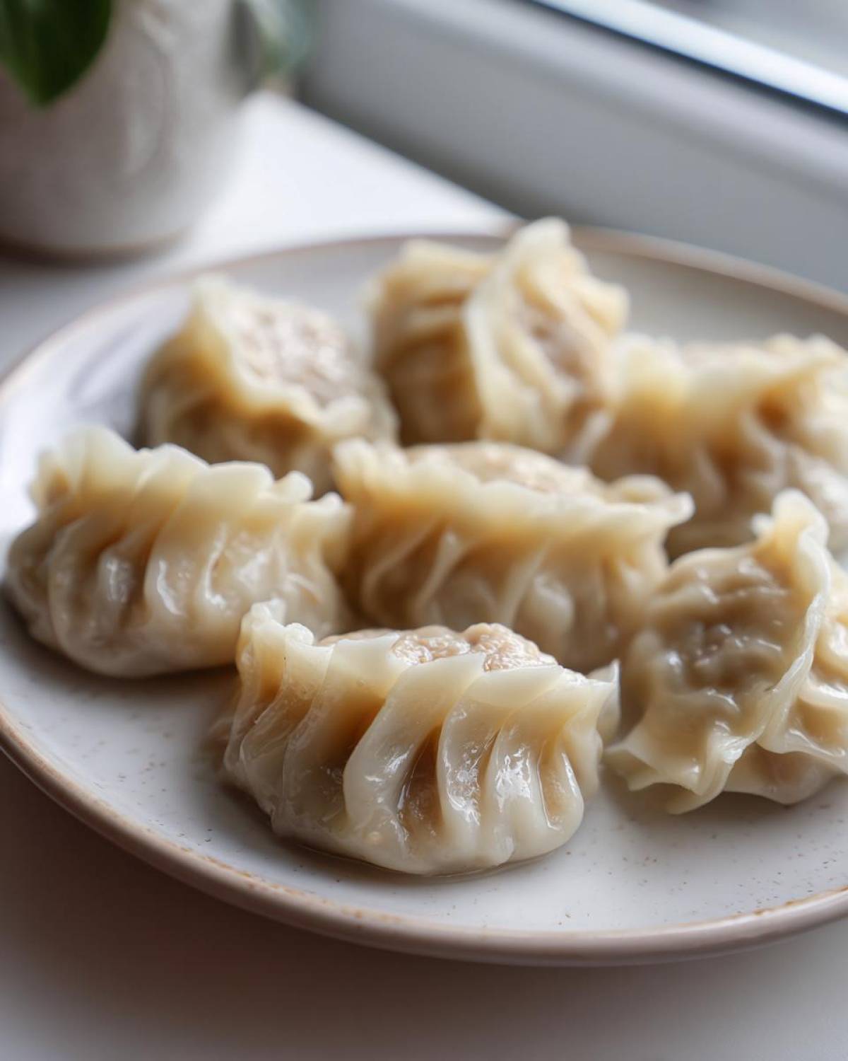 Close-up of several freshly steamed Traditional Chinese Dumplings with crimped edges on a speckled white plate.