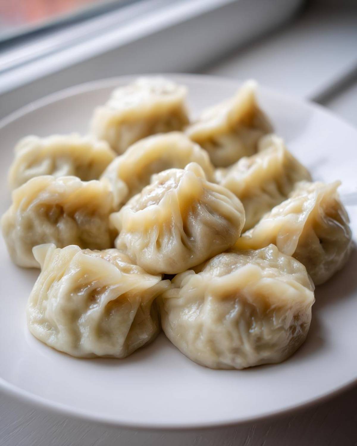 A close-up of several steamed Traditional Chinese Dumplings arranged on a white plate near a window.