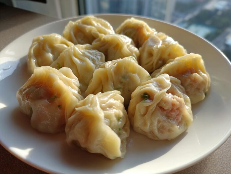 A plate of freshly steamed Traditional Chinese Dumplings with visible filling, highlighted by bright sunlight.