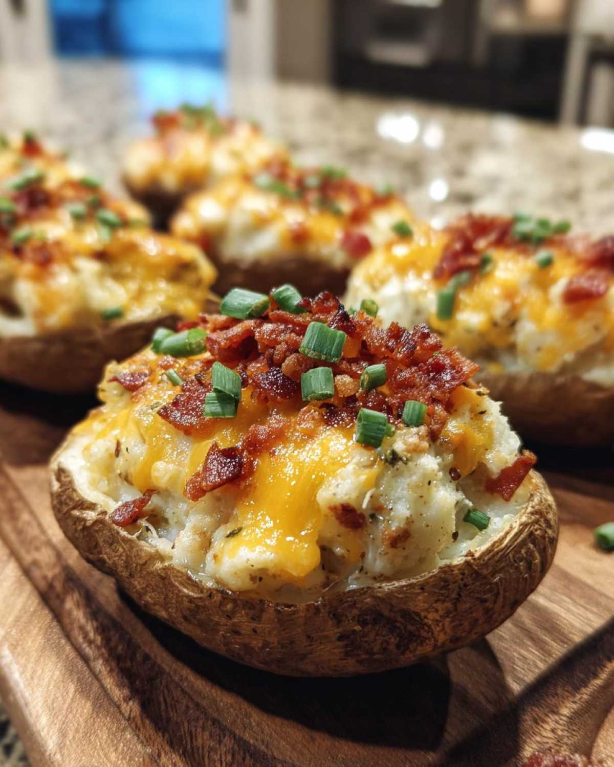 Close-up of a delicious twice-baked potato loaded with melted cheddar cheese, crispy bacon bits, and fresh green onions.