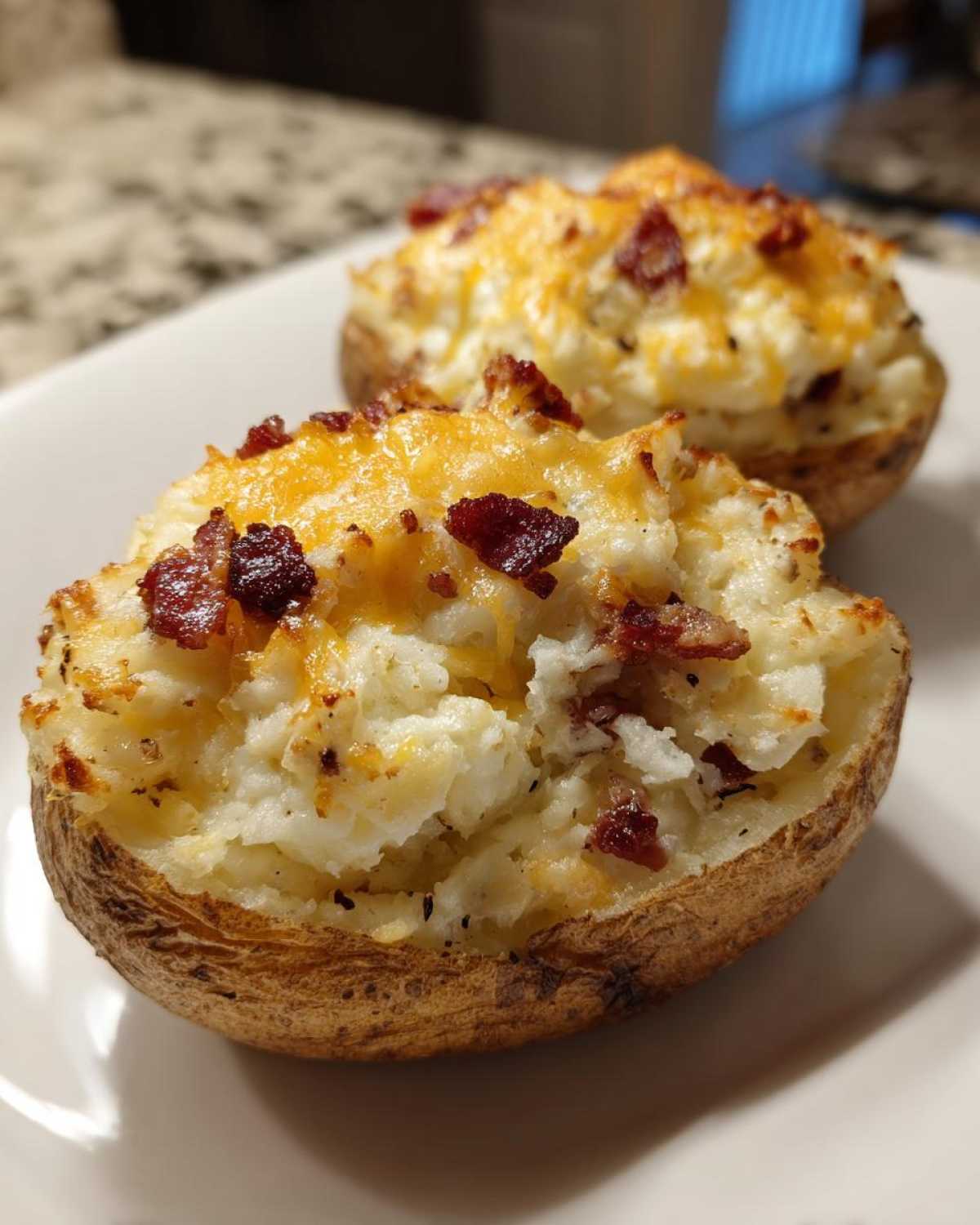 Two delicious twice baked potatoes stuffed with creamy filling, topped with melted cheddar cheese and crispy bacon bits.