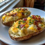 Two perfectly prepared twice baked potatoes topped with melted cheddar cheese, bacon bits, and fresh chives.